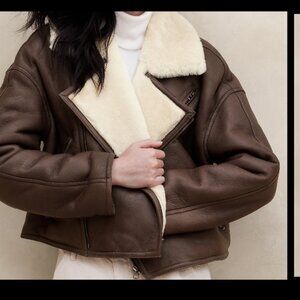 SZ XL (TG) 100% SHEARLING LEATHER MOCHA BROWN BANANA REPUBLIC MOTO JACKET